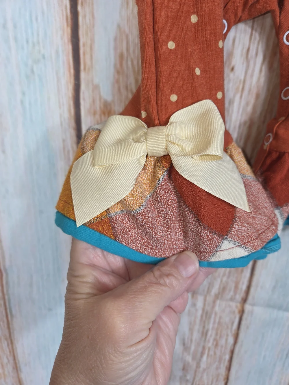 Ricrac & Ruffles Boutique Rust Polka Dot Turkey Applique Ruffle One-Piece. 12M
